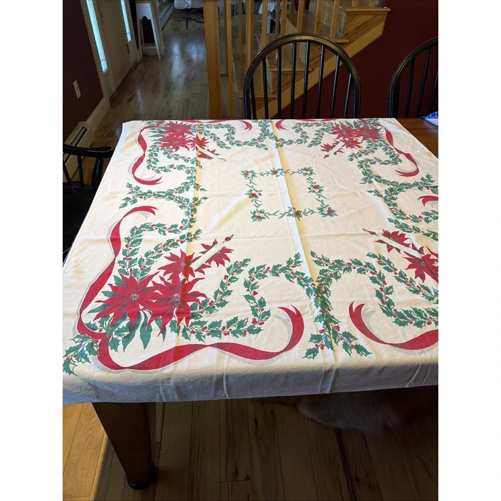 Vtg Mid-Century Modern Christmas Tablecloth Poinsettia Candles Holly 43